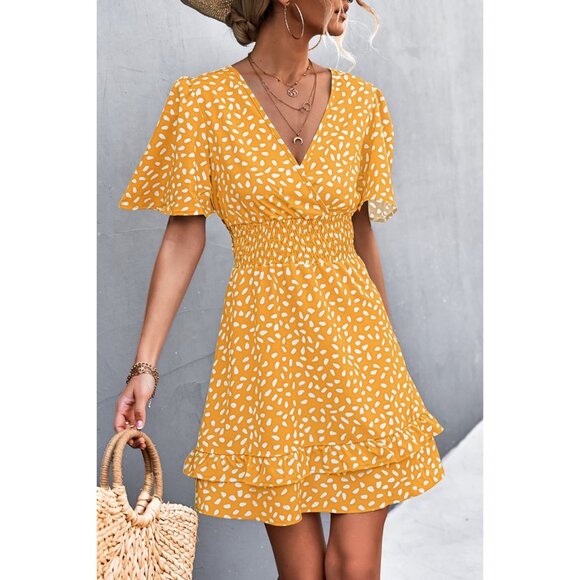 Beach Boho Maui - Printed Smocked Waist Layered Surplice Dress - Mustard - Picture 5 of 6